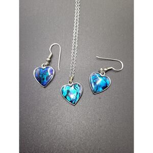 Shell of New Zealand PACIFIC PAUA Heart Pendant & Earrings w 18" Chain